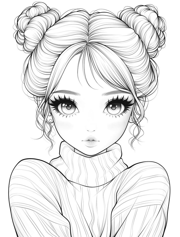 _ 34 Cute anime girl with twin buns and a turtleneck sweater, showcasing a stylish monochrome illustration style. Perfect for manga art lovers. | Sky Rye Design Cute anime girl with twin buns and a turtleneck sweater, showcasing a stylish monochrome illustration style. Perfect for manga art lovers. How to Draw Dolls