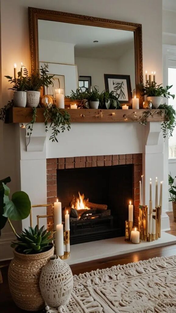34 Enchanting Boho Living Room Fireplace Decor Ideas Cozy living room with candles, greenery, and a fireplace decorated for a warm, inviting atmosphere. Perfect for relaxing evenings. | Sky Rye Design Cozy living room with candles, greenery, and a fireplace decorated for a warm, inviting atmosphere. Perfect for relaxing evenings.