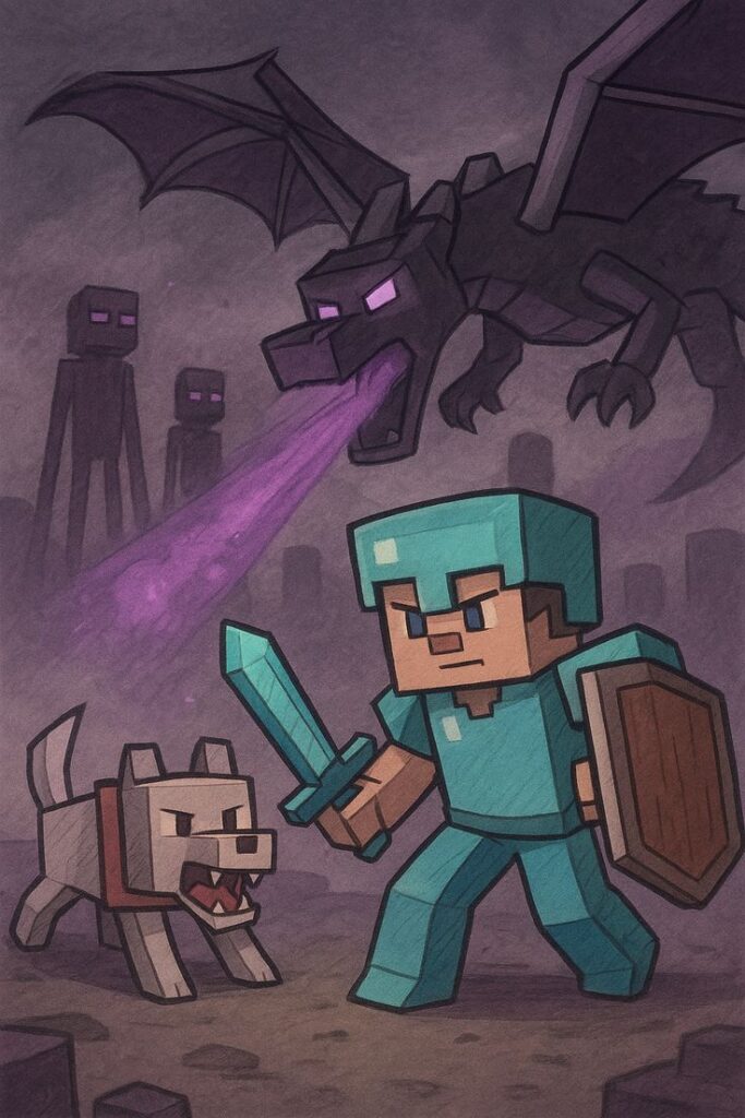 343516ed-c0e4-43a5-b9cf-5f3688270a19 Block-style warrior and dog face off against a dragon and shadowy figures in a pixelated world, ready for an epic battle. | Sky Rye Design Block-style warrior and dog face off against a dragon and shadowy figures in a pixelated world, ready for an epic battle.