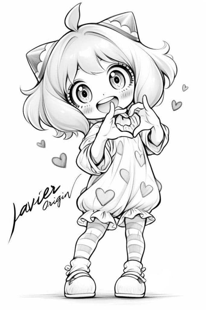 _ 35 Cute anime girl with heart-patterned outfit and cat ears making a heart gesture with her hands, surrounded by floating hearts. | Sky Rye Design Cute anime girl with heart-patterned outfit and cat ears making a heart gesture with her hands, surrounded by floating hearts.