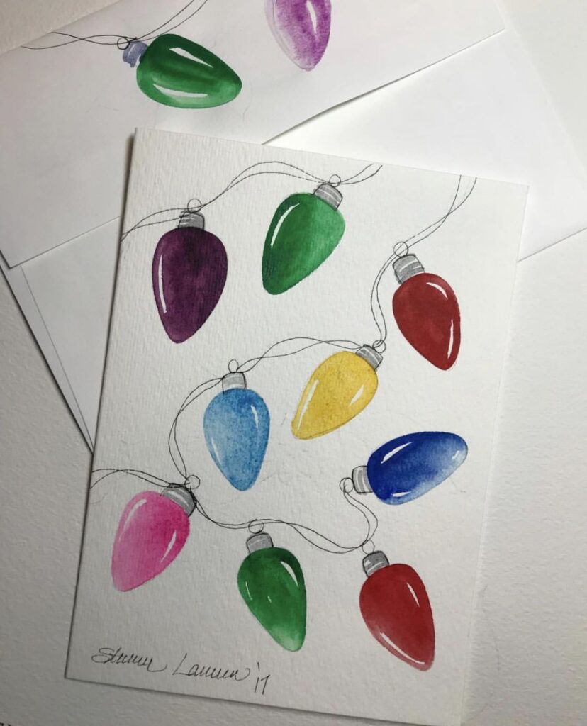 358132bea3348f5e8873e62a1b02bc6c Watercolor painting of colorful Christmas lights on paper, featuring red, green, blue, yellow, and purple bulbs with a white background. | Sky Rye Design Watercolor painting of colorful Christmas lights on paper, featuring red, green, blue, yellow, and purple bulbs with a white background.