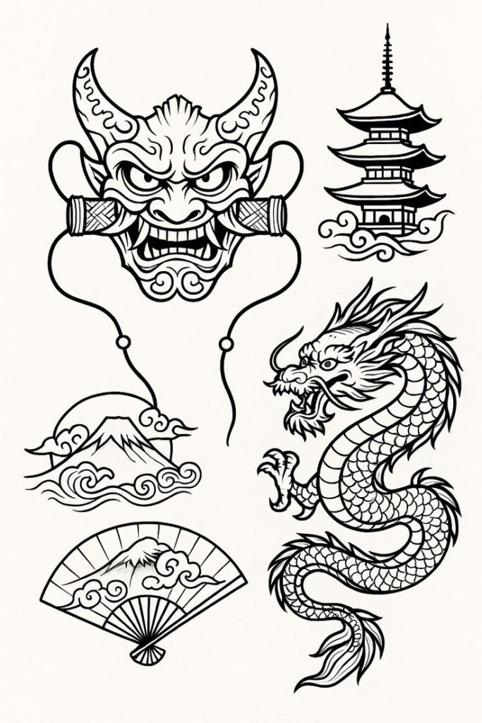 359c0b9f-38fc-4883-b7c9-390e7c78e13e Japanese tattoo art with dragon, pagoda, mountain, fan, and oni mask. Black and white line drawings of traditional symbols. | Sky Rye Design Japanese tattoo art with dragon, pagoda, mountain, fan, and oni mask. Black and white line drawings of traditional symbols.