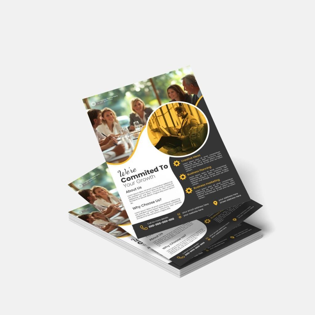 Business brochure stack showcasing growth commitment and services, featuring a meeting and consultation, highlighting creative ideas and planning.