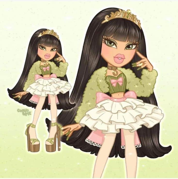 _ 36 Fashionable cartoon character with long hair, wearing a frilly skirt, green jacket, and tiara, posing stylishly against a soft background. | Sky Rye Design Fashionable cartoon character with long hair, wearing a frilly skirt, green jacket, and tiara, posing stylishly against a soft background.