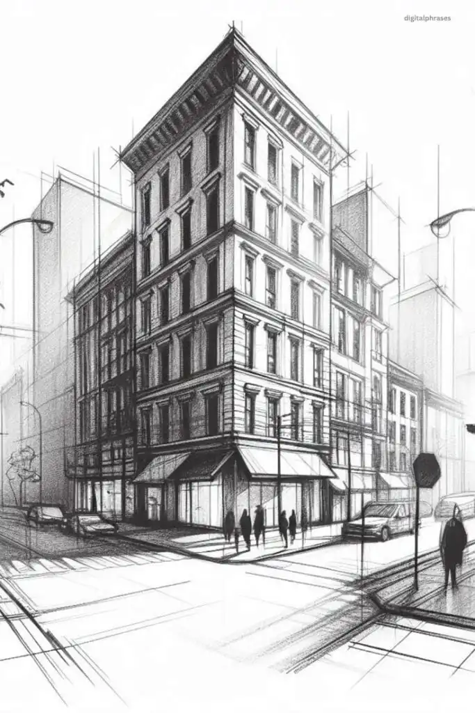 Architectural sketch of an urban corner building with pedestrians and cars, showcasing intricate details and perspective lines.