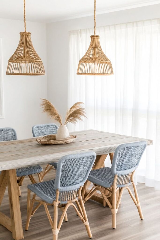 Minimalist dining room with a light wooden table, blue woven chairs, pampas grass vase, and wicker pendant lights against sheer curtains.