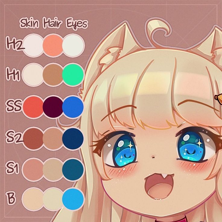 _ 37 Anime character color palette guide with blue eyes, blonde hair, and skin tones. Includes various color options for hair and skin. | Sky Rye Design Anime character color palette guide with blue eyes, blonde hair, and skin tones. Includes various color options for hair and skin.
