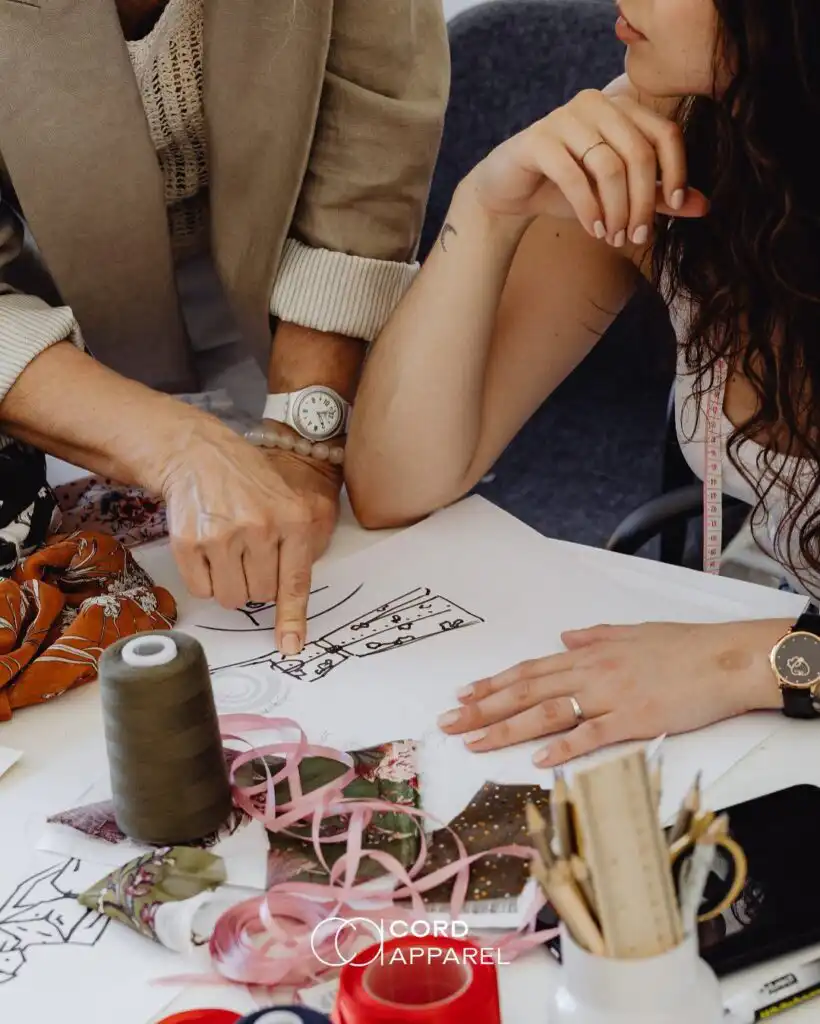 3781cfc7a972069d9e88d34ded961d6c Designers discussing fashion sketches with fabrics and tools on table, emphasizing creative collaboration in the fashion industry. | Sky Rye Design Designers discussing fashion sketches with fabrics and tools on table, emphasizing creative collaboration in the fashion industry.