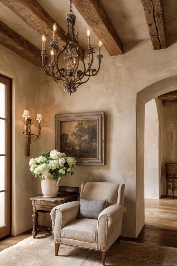 38 French Country Lighting Ideas That Will Make Your Home Feel Effortlessly Elegant - Edward George Cozy rustic living room with beige armchair, wooden beams, elegant chandelier, vintage painting, and floral decor on a side table. | Sky Rye Design Cozy rustic living room with beige armchair, wooden beams, elegant chandelier, vintage painting, and floral decor on a side table.