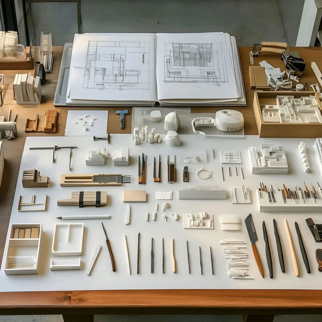 383e1d9095c5993f2cad67bffc28a6b6 Architectural workspace with tools, scale models, and sketches on a table, showcasing the creative process and design planning. | Sky Rye Design Architectural workspace with tools, scale models, and sketches on a table, showcasing the creative process and design planning.