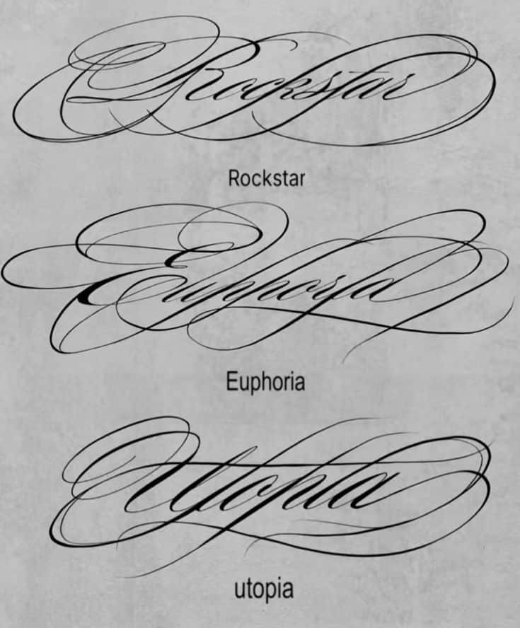 Screenshot Elegant calligraphy displaying words: Rockstar, Euphoria, Utopia, with intricate, flowing cursive and decorative swirls on a gray background. | Sky Rye Design Elegant calligraphy displaying words: Rockstar, Euphoria, Utopia, with intricate, flowing cursive and decorative swirls on a gray background.