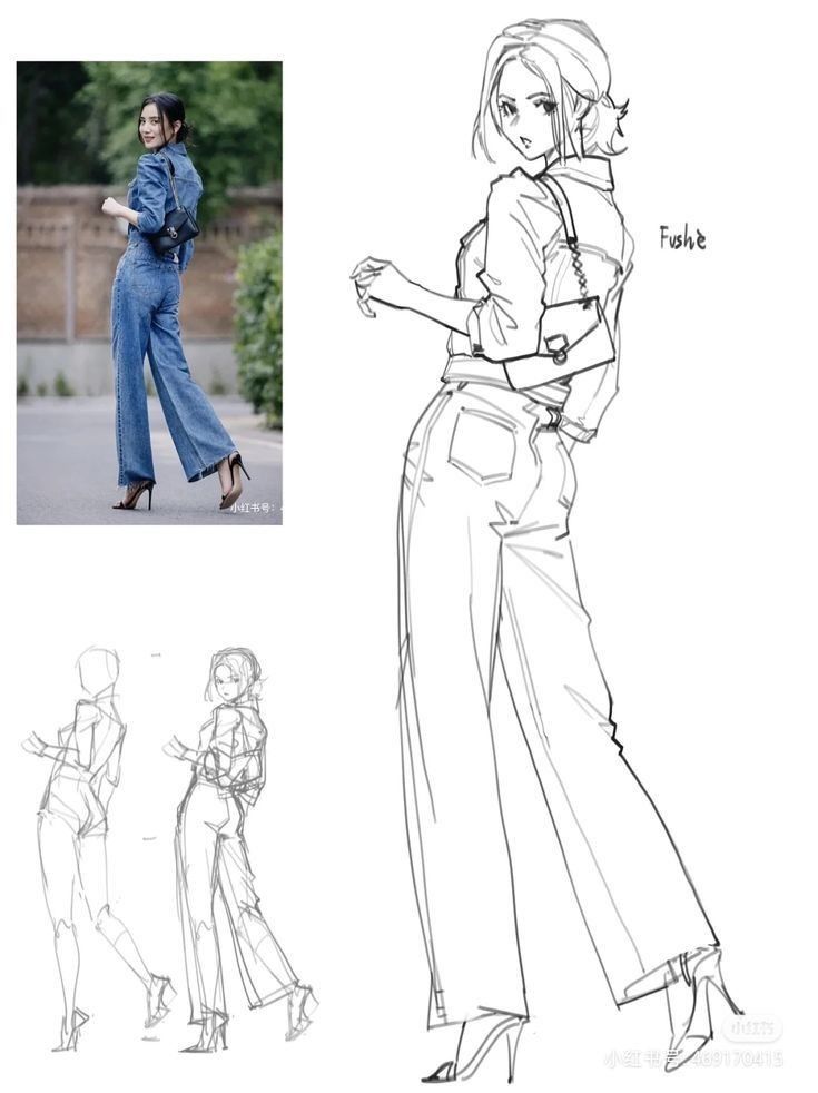 Woman in denim outfit poses outdoors, paired sketch illustration of same pose in stylish clothing and heels, showcasing fashion design.