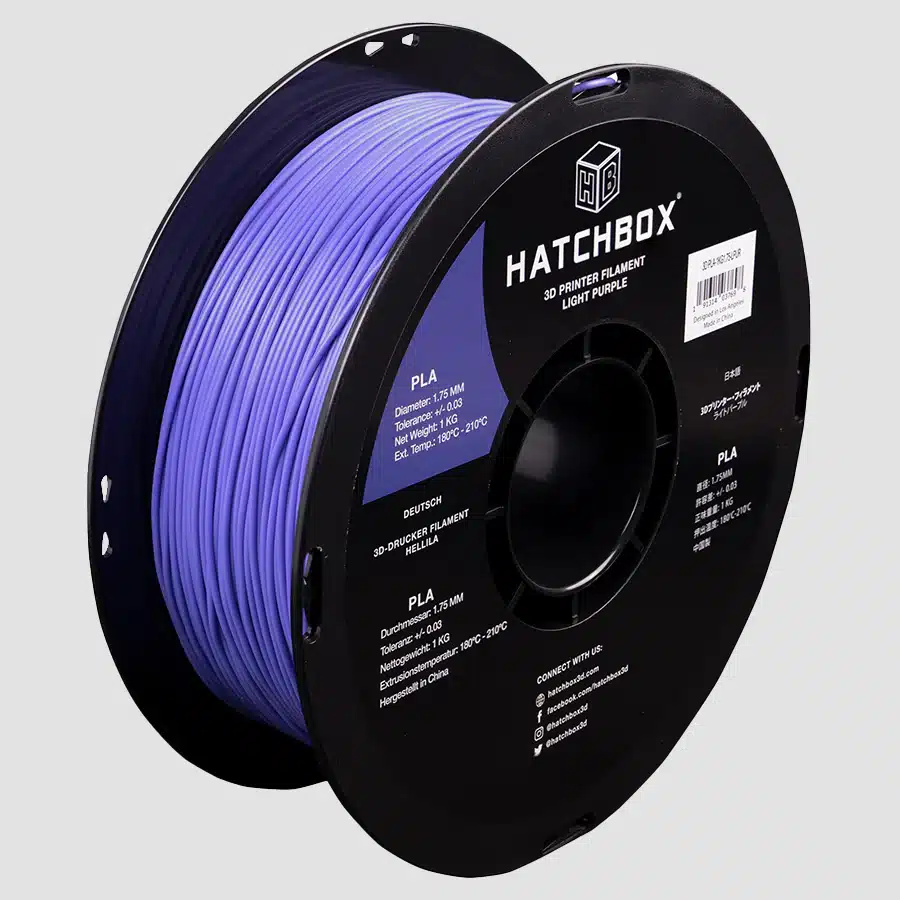 Light purple Hatchbox PLA 3D printer filament spool, 1KG, 1.75mm diameter, suitable for printing at 180°C-210°C.