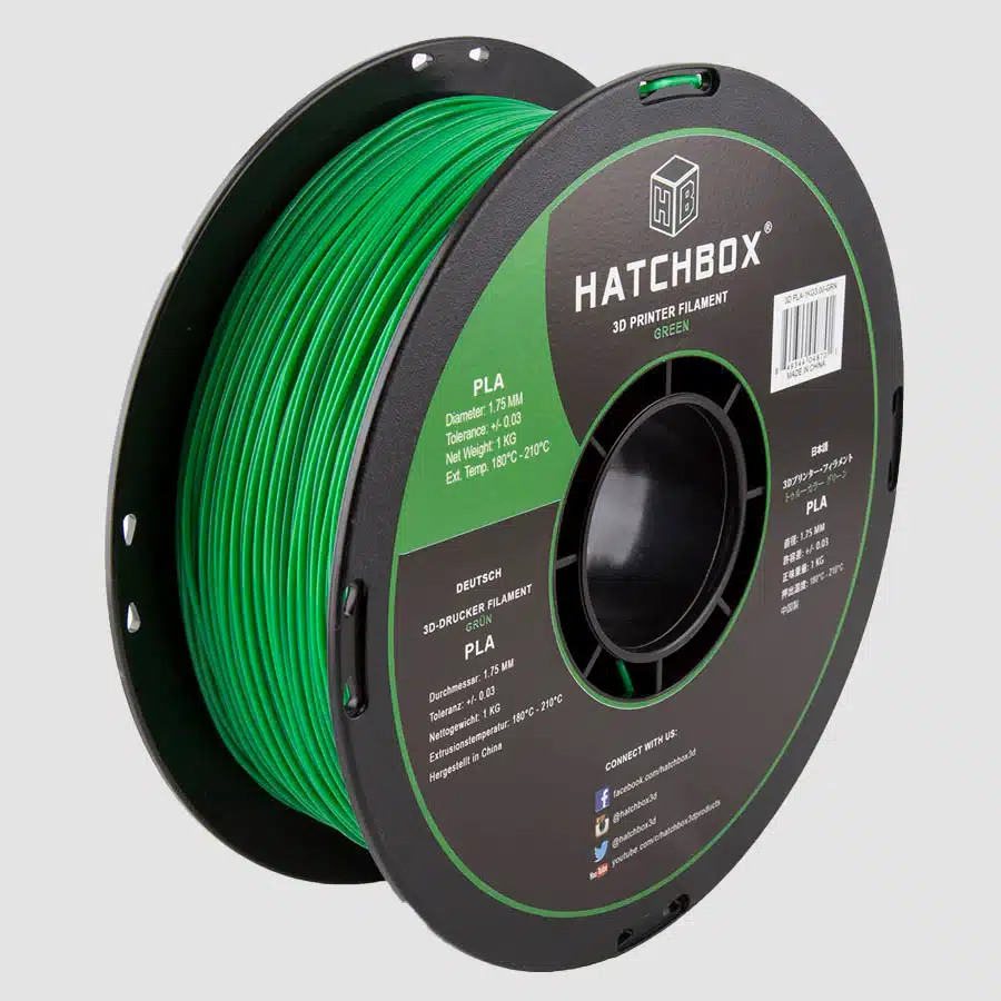 Green Hatchbox PLA 3D printer filament spool, 1.75mm diameter, ideal for 3D printing projects with precise extrusion and vibrant color.