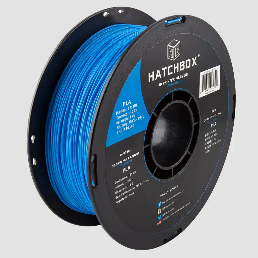 Light blue 3D printer filament spool by Hatchbox, 1.75mm PLA, 1kg, suitable for 180-210°C. Ideal for precise 3D printing projects.