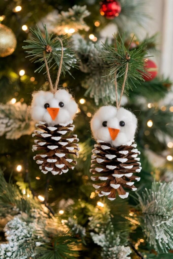 3c54627275839a7eda39e3058b07c5f2 Adorable pine cone owl ornaments with cotton details hanging on a Christmas tree adorned with festive lights and decorations. | Sky Rye Design Adorable pine cone owl ornaments with cotton details hanging on a Christmas tree adorned with festive lights and decorations.