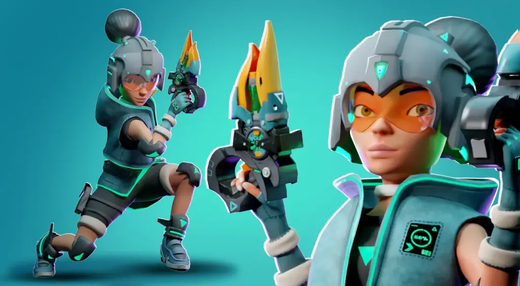 Futuristic game character in armor with dual pistols, striking a dynamic pose against a teal background. Ideal for gaming content.