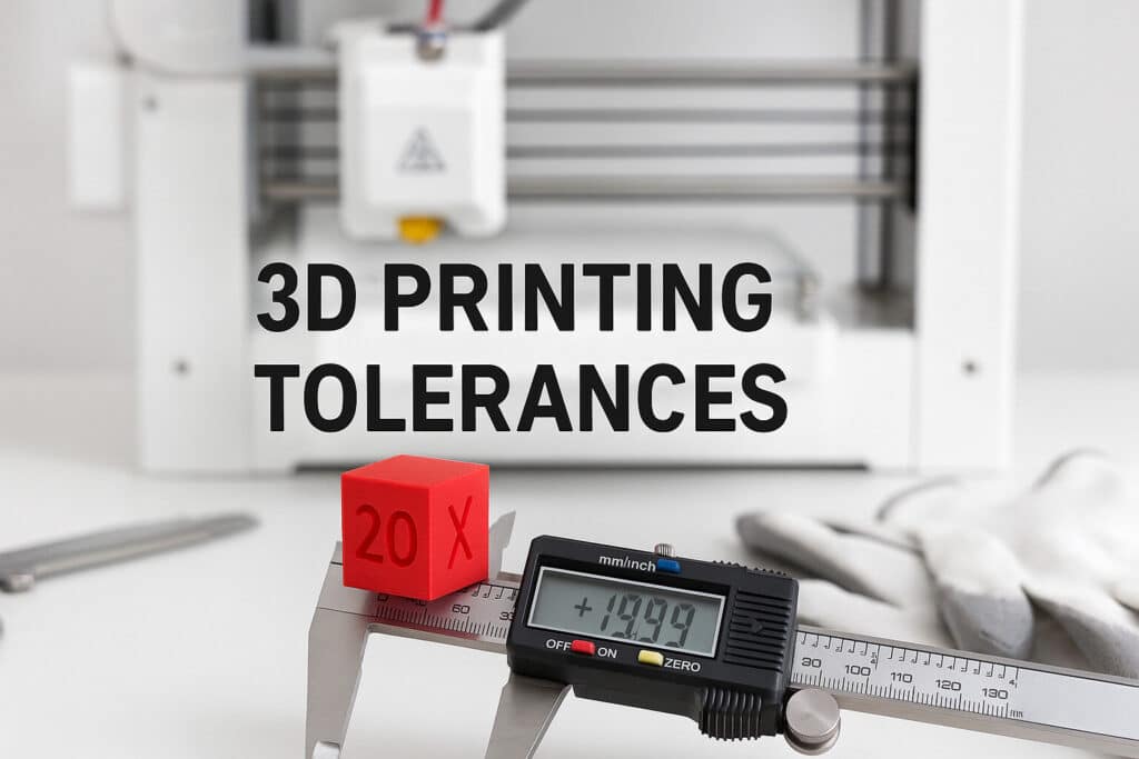 Digital caliper measures 3D printed cube, text '3D Printing Tolerances' highlights accuracy and precision in 3D printing.