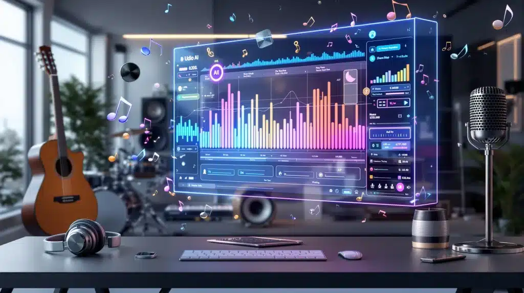 3d-render-of-futuristic-ai-music-production-studio-with-holographic-interface-and-floating-instrumen-1024x572 Futuristic music studio with holographic audio interface, guitars, headphones, and a mic, illustrating digital music production and innovation. | Sky Rye Design Futuristic music studio with holographic audio interface, guitars, headphones, and a mic, illustrating digital music production and innovation.