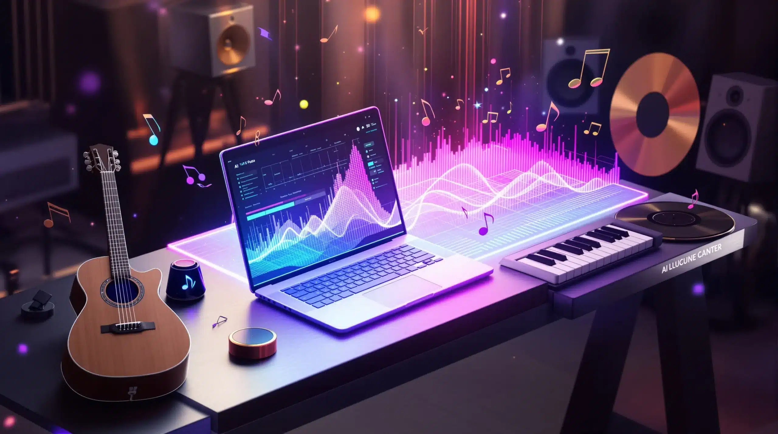3d-render-of-futuristic-ai-music-production-workspace-with-holographic-waveforms-and-digital-instrum-scaled Modern music studio setup with a guitar, laptop showing digital audio software, keyboard, and speakers, enhanced with colorful sound waves. | Sky Rye Design Modern music studio setup with a guitar, laptop showing digital audio software, keyboard, and speakers, enhanced with colorful sound waves.