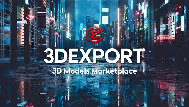 3DEXPORT logo on a futuristic cityscape background, highlighting 3D models marketplace.