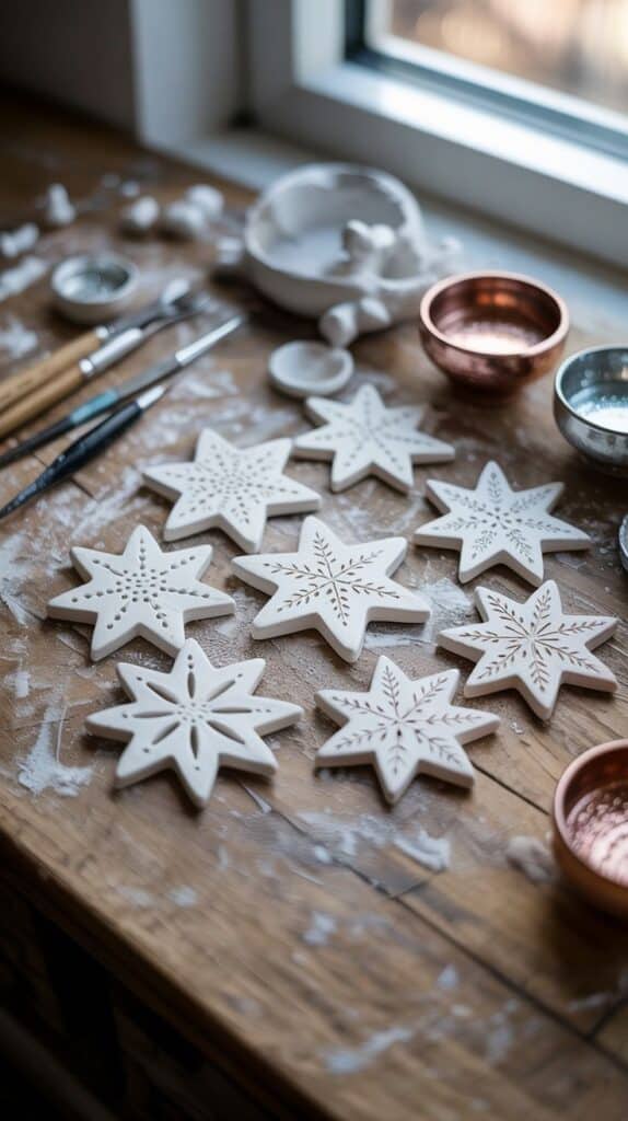 3eea021c57279e8ec5ea5344921993f5 Handmade clay star ornaments and tools on a wooden table, perfect for festive crafts and home decorations. | Sky Rye Design Handmade clay star ornaments and tools on a wooden table, perfect for festive crafts and home decorations.