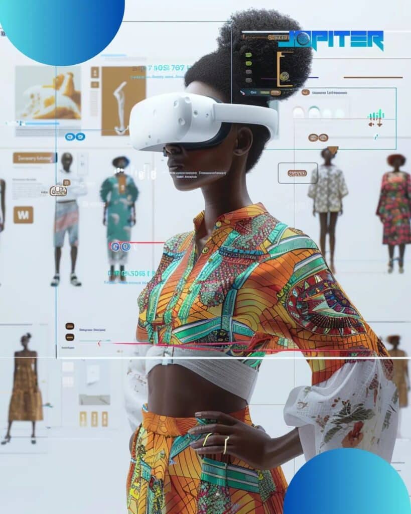 3f294c47cea5b6f80b0debf3d1db71ea Woman wearing VR headset in colorful attire, exploring virtual fashion interface, featuring diverse clothing options and digital elements. | Sky Rye Design Woman wearing VR headset in colorful attire, exploring virtual fashion interface, featuring diverse clothing options and digital elements.