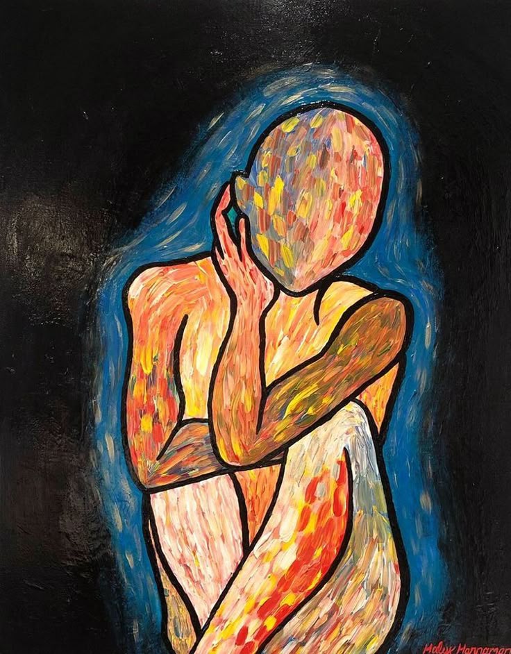 Abstract painting of a contemplative figure with a faceless, multicolored head, set against a bold blue and black background.