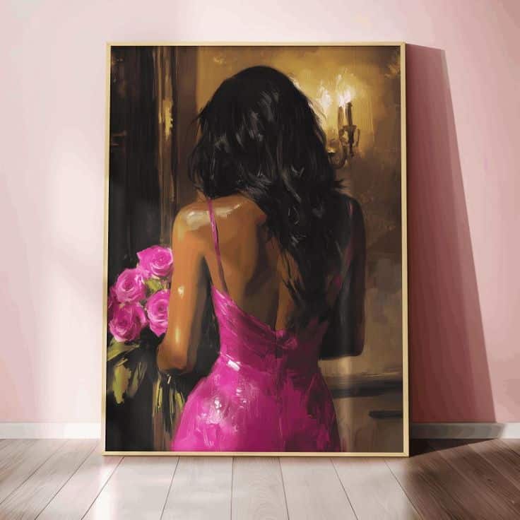 Painting of a woman in a pink dress holding pink roses, facing away, set in a warmly lit room with a classic wall sconce.
