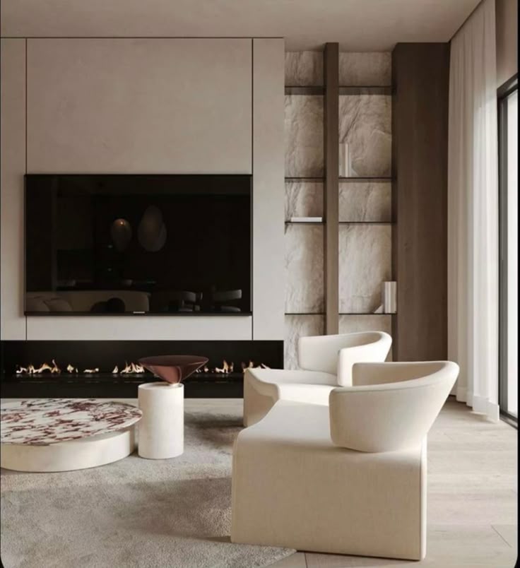 Modern living room with sleek chairs, large TV, elegant fireplace, and stylish shelving. Warm tones create a cozy, contemporary ambiance.
