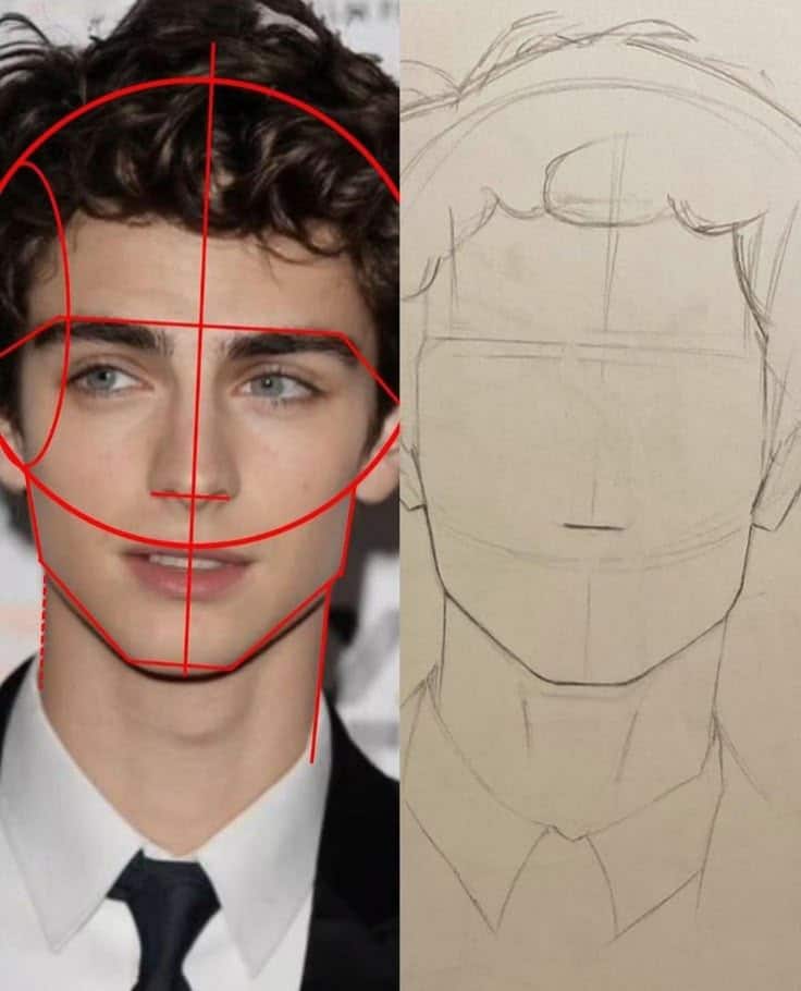 _ 4 Portrait guide overlay on a man's face next to a pencil sketch, demonstrating facial drawing techniques. | Sky Rye Design Portrait guide overlay on a man's face next to a pencil sketch, demonstrating facial drawing techniques.