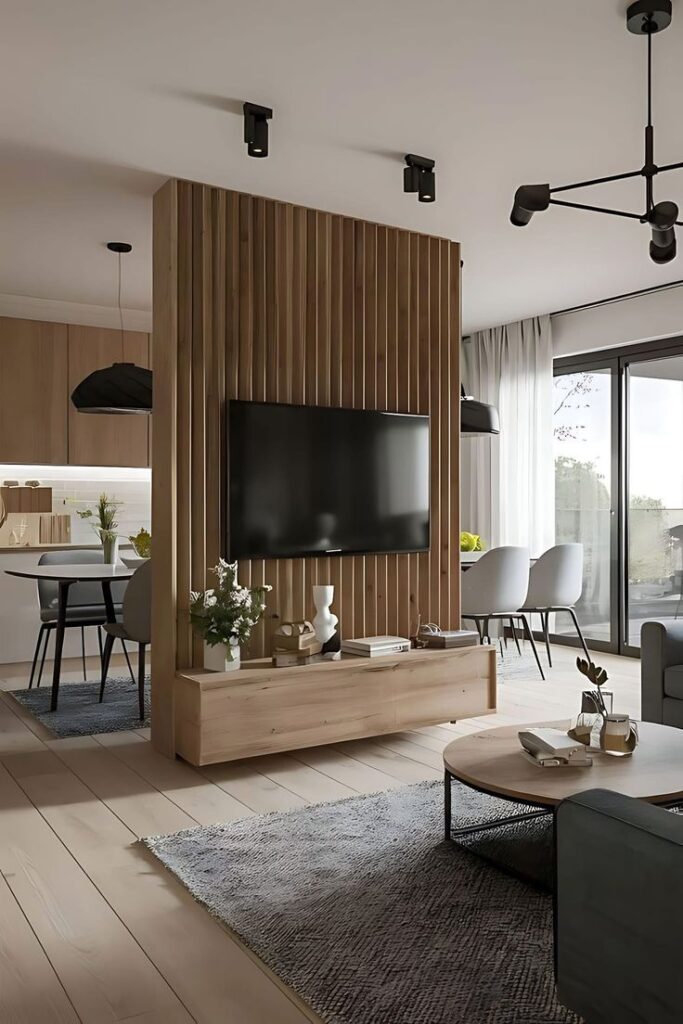 _ 4 Modern living room with wooden TV panel, sleek furniture, large window, and neutral tones. Cozy and elegant interior design. | Sky Rye Design Modern living room with wooden TV panel, sleek furniture, large window, and neutral tones. Cozy and elegant interior design.