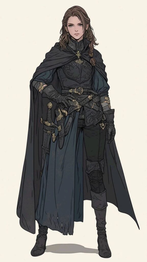 _ 4 Fantasy warrior woman in detailed armor and cloak, standing confidently with swords and daggers, embodying strength and mystery. | Sky Rye Design Fantasy warrior woman in detailed armor and cloak, standing confidently with swords and daggers, embodying strength and mystery.
