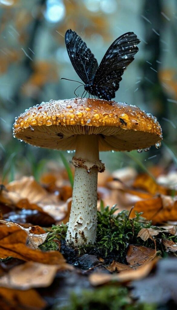 _ 4 Black butterfly perched on a dewy mushroom in an autumn forest, surrounded by wet leaves and green moss. | Sky Rye Design Black butterfly perched on a dewy mushroom in an autumn forest, surrounded by wet leaves and green moss.