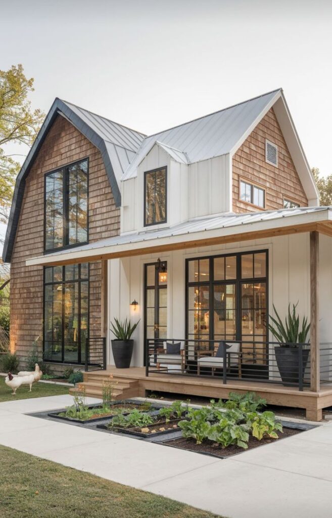 Modern farmhouse with large windows, garden, and porch, featuring a stylish white and wooden exterior, surrounded by greenery.