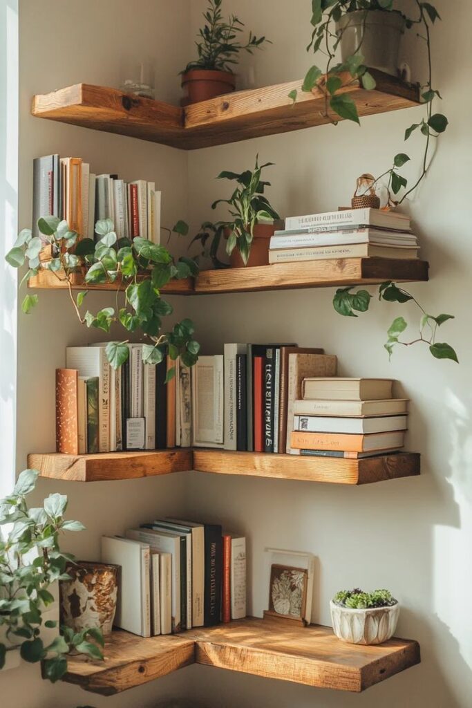 _ 4 Cozy corner shelves with books and lush green plants, creating a warm, inviting reading nook in natural light. | Sky Rye Design Cozy corner shelves with books and lush green plants, creating a warm, inviting reading nook in natural light.