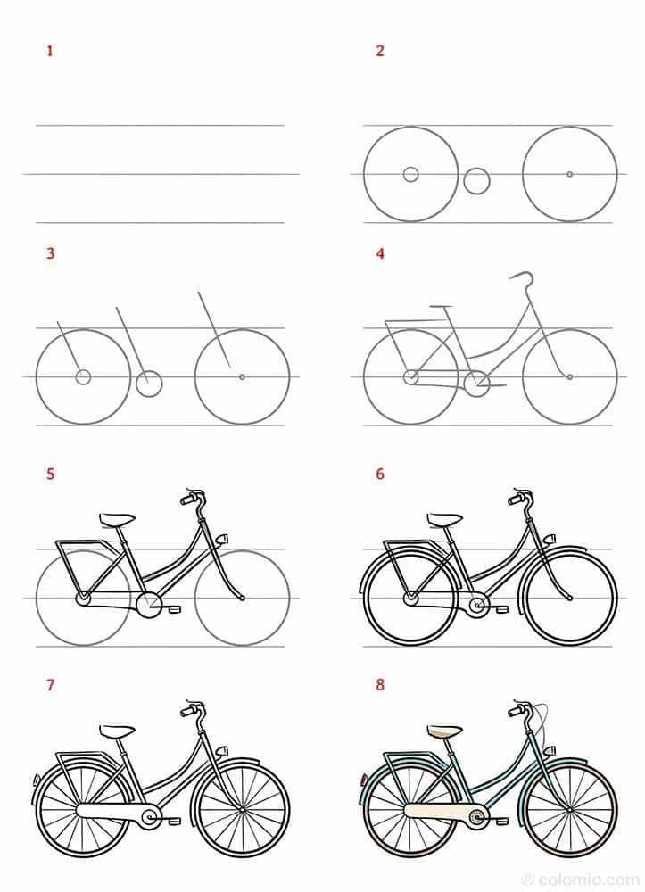 _ 4 Step-by-step bicycle drawing guide: eight stages illustrating a simple to detailed bicycle sketching process. | Sky Rye Design Step-by-step bicycle drawing guide: eight stages illustrating a simple to detailed bicycle sketching process.