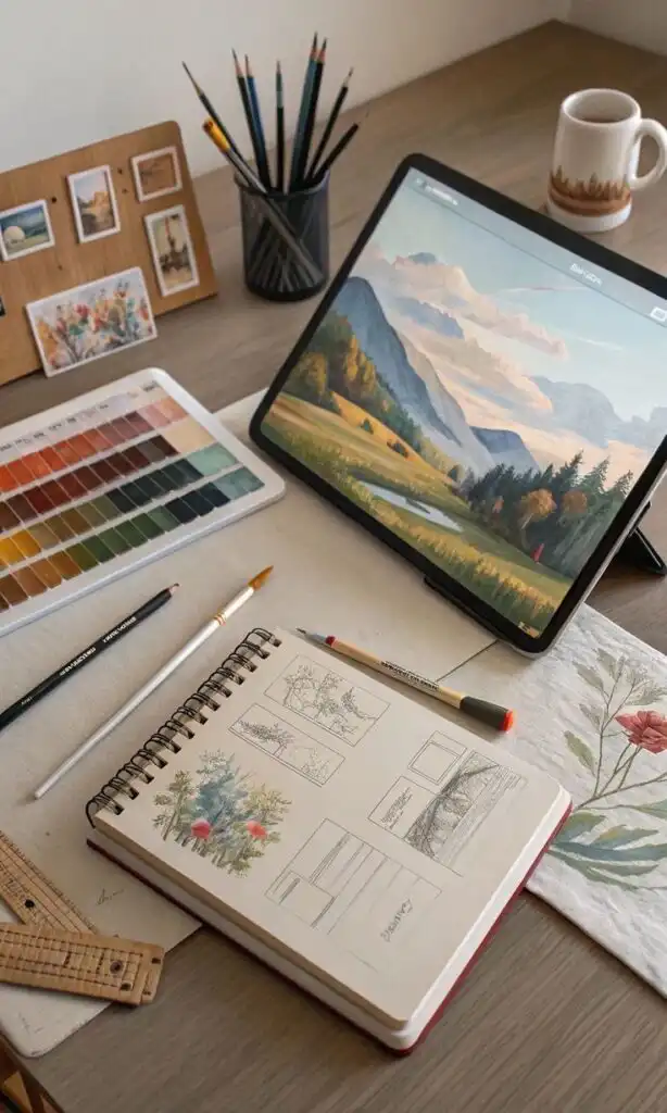 Artistic workspace with sketches, color palette, pencils, and tablet displaying mountain landscape. Cozy creative setup on wooden desk.