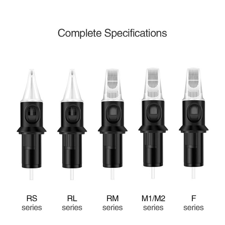 _ 4 Various tattoo needle cartridges showing RS, RL, RM, M1/M2, and F series, illustrating complete specifications. Perfect for diverse tattooing needs. | Sky Rye Design Various tattoo needle cartridges showing RS, RL, RM, M1/M2, and F series, illustrating complete specifications. Perfect for diverse tattooing needs.
