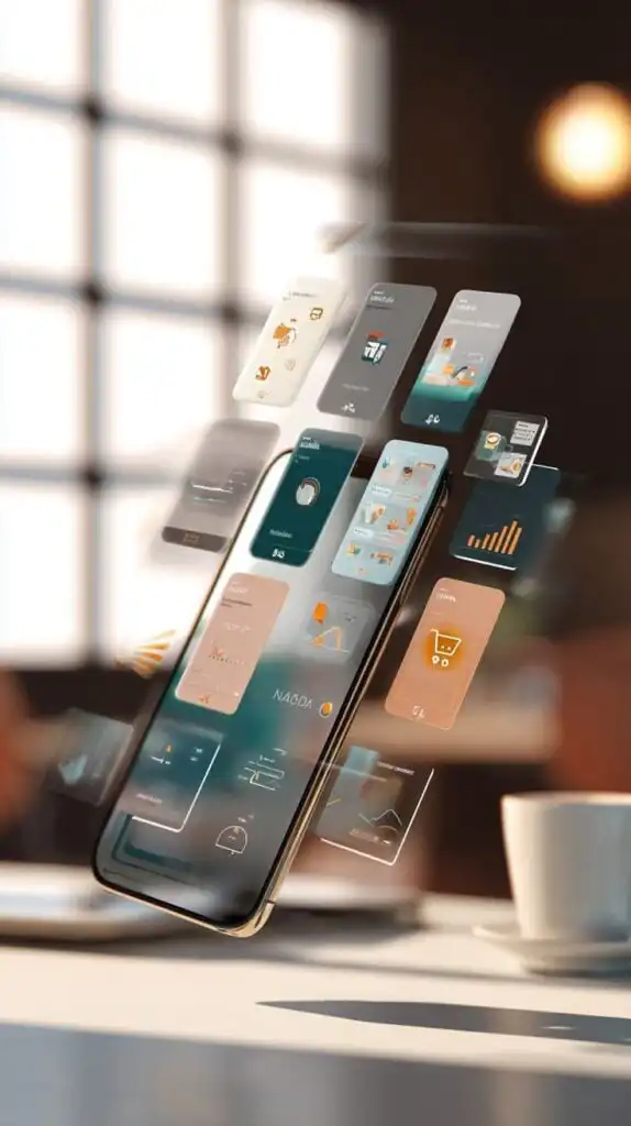 Futuristic smartphone displaying floating app icons and graphs, emphasizing modern technology and digital interfaces in a cozy setting.
