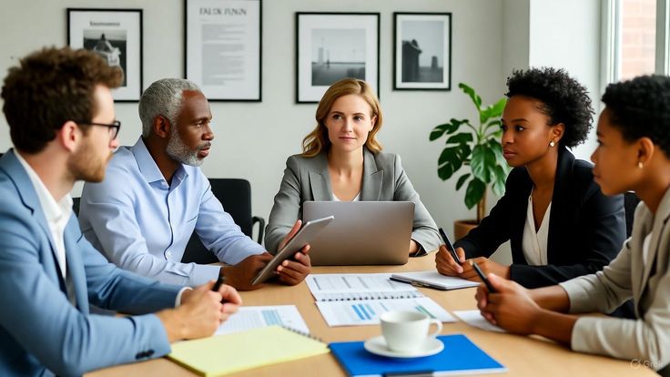 Diverse business team in a meeting discussing strategy around a conference table with laptops and documents in a bright office.