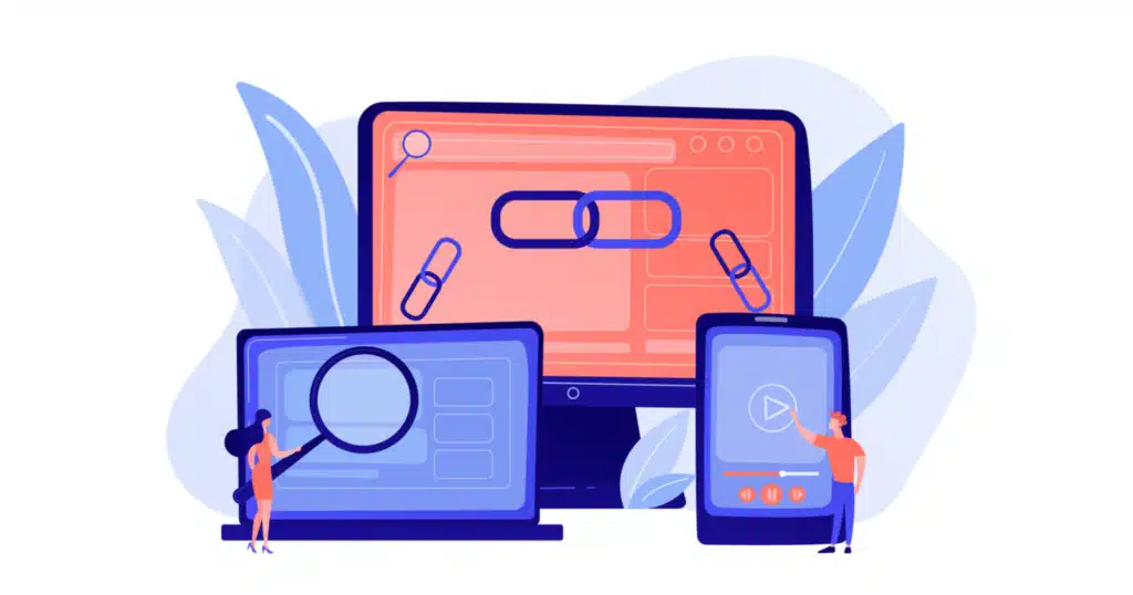 4-link-building-research-tips-to-10x-your-links-5eeb878968385 Illustration of SEO concepts with devices, featuring link building, magnifying glass, and play button icons for digital marketing. | Sky Rye Design Illustration of SEO concepts with devices, featuring link building, magnifying glass, and play button icons for digital marketing.
