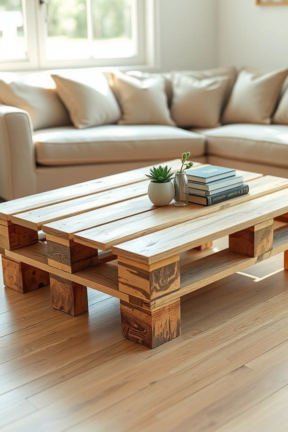 40 Funky Furniture DIY Ideas to Add Character to Your Home - Symboleo_ Design Your Dream Home Wood pallet coffee table in cozy living room with beige couch, plant, and books, creating a warm and inviting minimalist decor. | Sky Rye Design Wood pallet coffee table in cozy living room with beige couch, plant, and books, creating a warm and inviting minimalist decor.