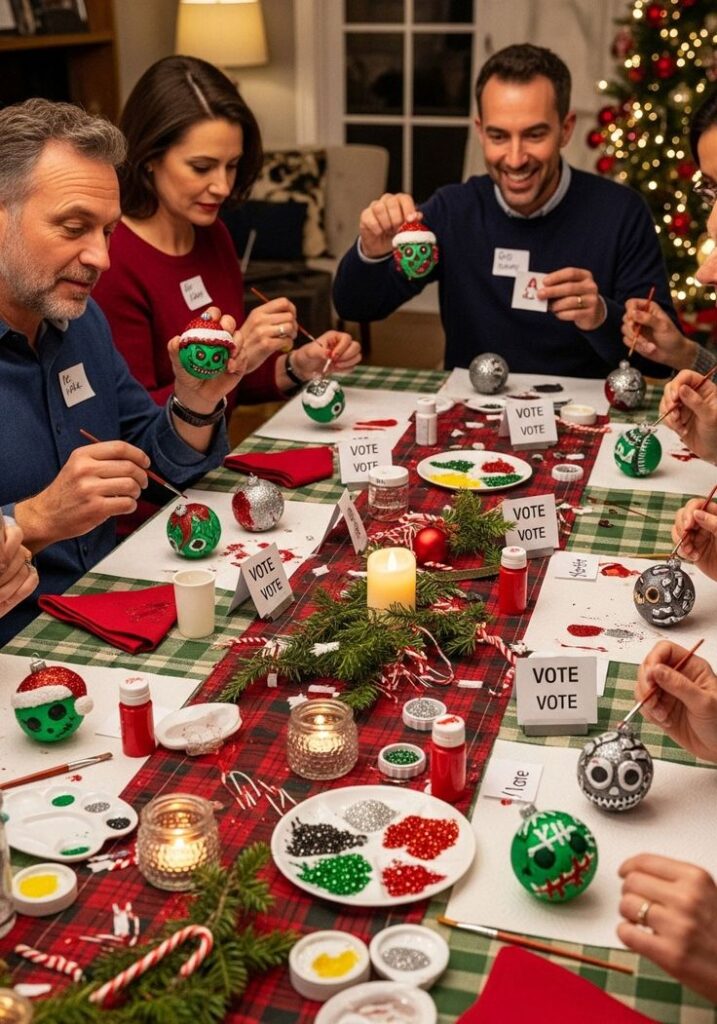Family decorating Christmas ornaments at a festive table, surrounded by candles and art supplies, creating holiday cheer.