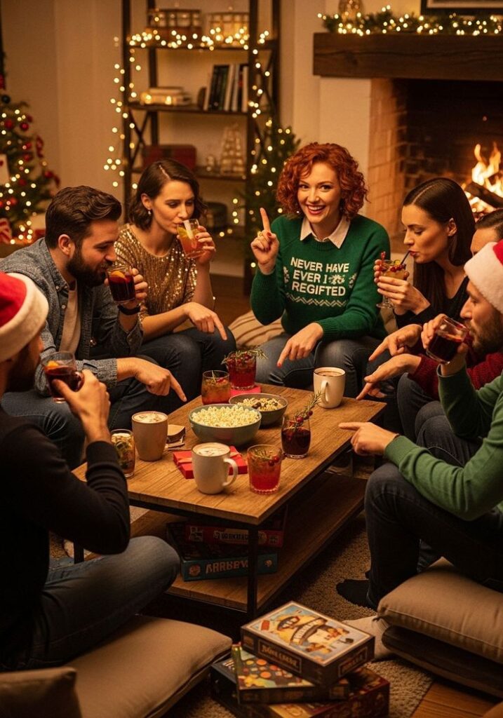 Group of friends enjoying a cozy holiday gathering with drinks and games by the fireplace, surrounded by festive decorations.