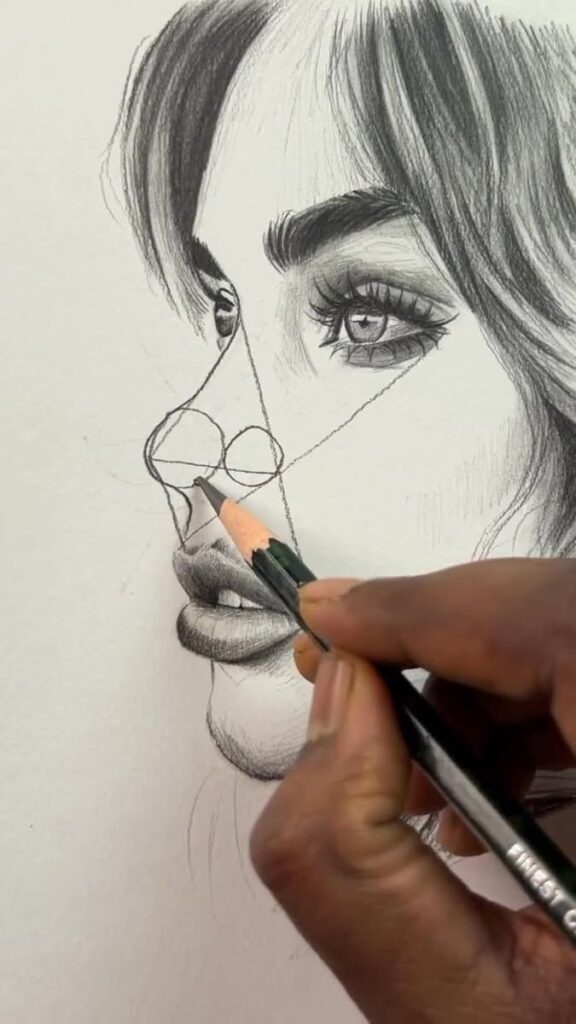 400K views 16K reactions _ Dont blink you might just miss the moment Art drawing _ Artist Kelle _ Facebook Artist sketching a detailed portrait of a woman's face with a pencil, focusing on eyes and lips, highlighting precision and technique. | Sky Rye Design Artist sketching a detailed portrait of a woman's face with a pencil, focusing on eyes and lips, highlighting precision and technique.