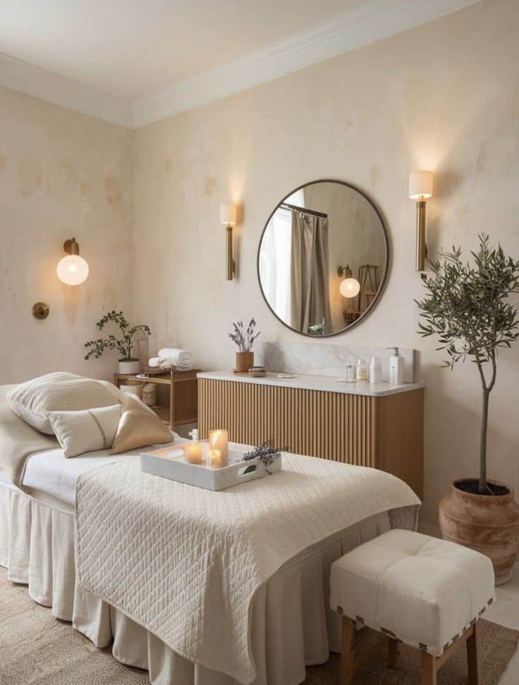 Serene spa room with a massage bed, soft lighting, candles, and minimalist decor for a relaxing and tranquil atmosphere.