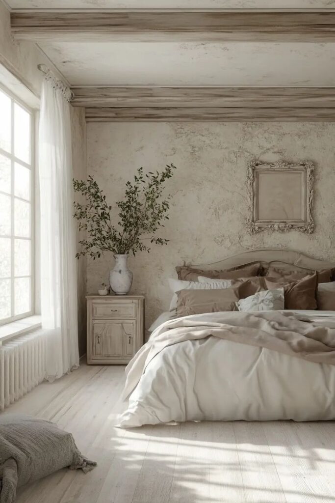 41 French Country Bedroom Designs to Fall For _ VIVA Cozy bedroom in serene, minimalist style with earthy tones, sunlight, and elegant decor. Perfect for relaxing and unwinding in comfort. | Sky Rye Design Cozy bedroom in serene, minimalist style with earthy tones, sunlight, and elegant decor. Perfect for relaxing and unwinding in comfort.