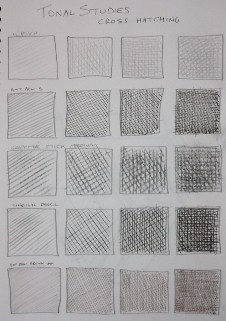 41bfe591c892a44c9fa963b3702a350a Sheet showing cross-hatching tonal studies with pencil, graphite stick, and pen techniques in varying densities for art practice. | Sky Rye Design Sheet showing cross-hatching tonal studies with pencil, graphite stick, and pen techniques in varying densities for art practice.