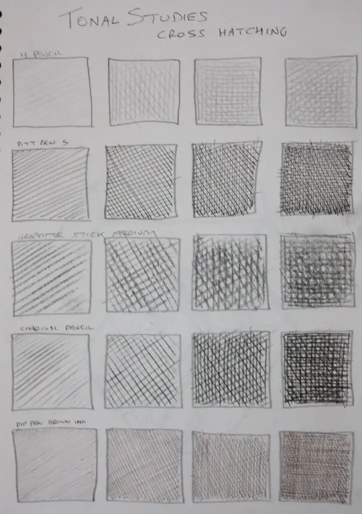 41bfe591c892a44c9fa963b3702a350a Sheet showing cross-hatching tonal studies with pencil, graphite stick, and pen techniques in varying densities for art practice. | Sky Rye Design Sheet showing cross-hatching tonal studies with pencil, graphite stick, and pen techniques in varying densities for art practice.